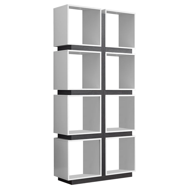 Modern Bookcase with Two-Tone White and Gray Staggered Cubby Storage