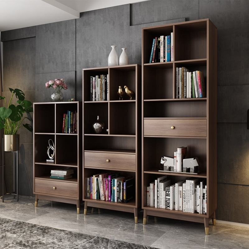 Modern Bookshelf with Slim Black Metal Frame and Integrated Drawer