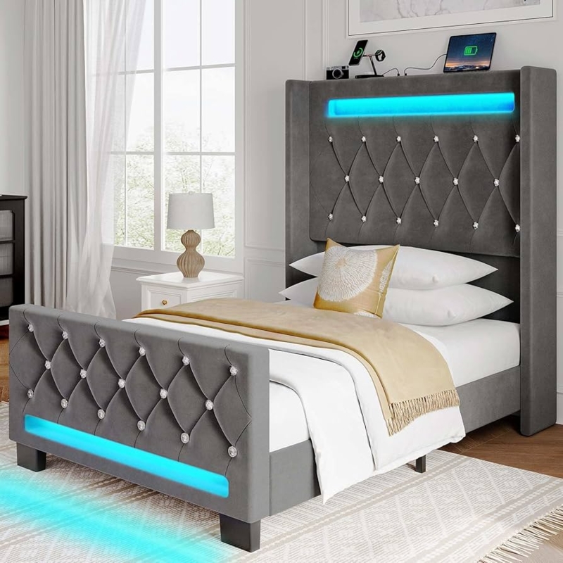 Modern Charcoal Grey Twin Bed Frame with Channel Tufting and LEDs