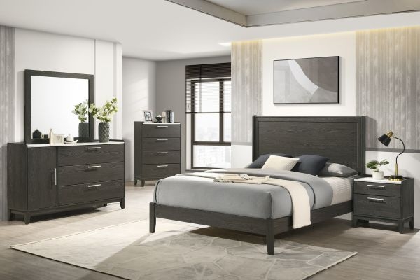 Modern Charcoal Upholstered Bed Set with Espresso Finish