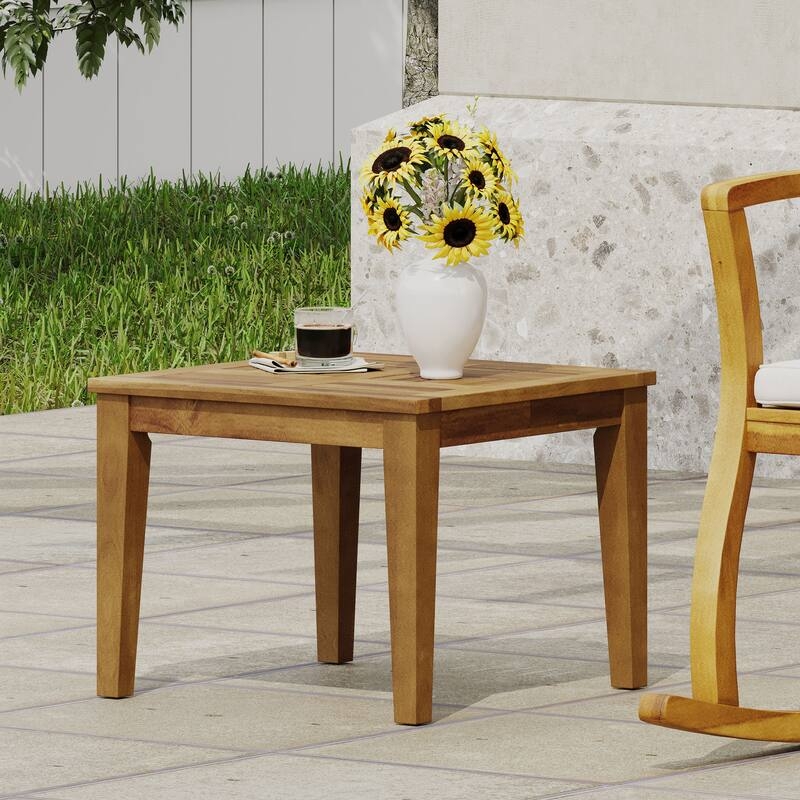 Modern Coastal Grey Patio Side Table Square Slatted Wood Design