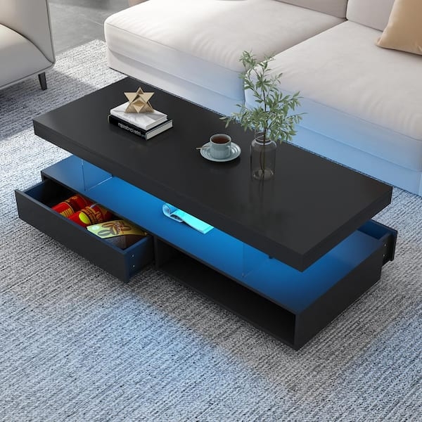 Modern Coffee Table LED Lighting Glass Shelf Rectangular