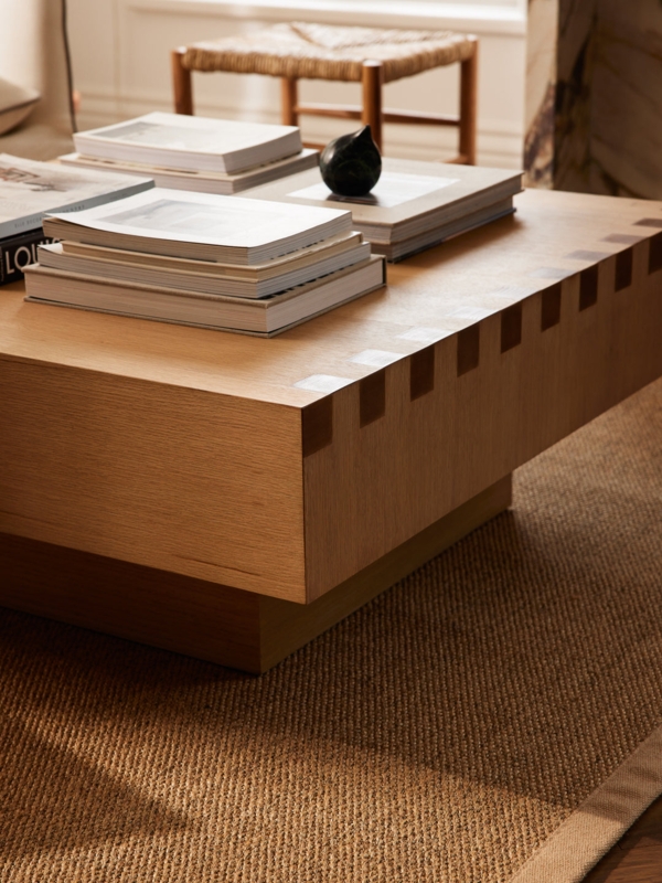 Modern Coffee Table with Geometric Base and Dark Wood Tone