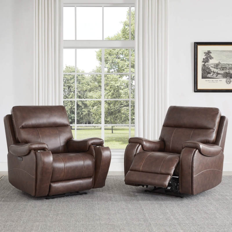 Modern Cognac Leather Power Swivel Recliner Chair with Pillow Top Arms