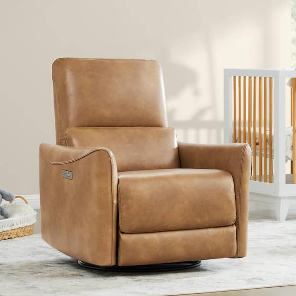 Modern Cognac Swivel Power Recliner with Channel Stitching