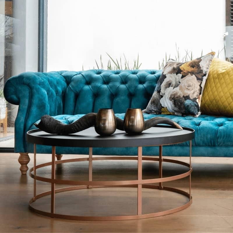 Modern Drum Coffee Table Hammered Copper Pedestal Silhouette
