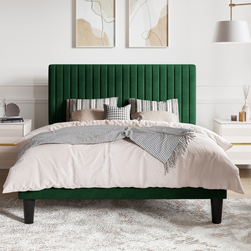 Modern Emerald Green Velvet Platform Bed with Channel Tufting