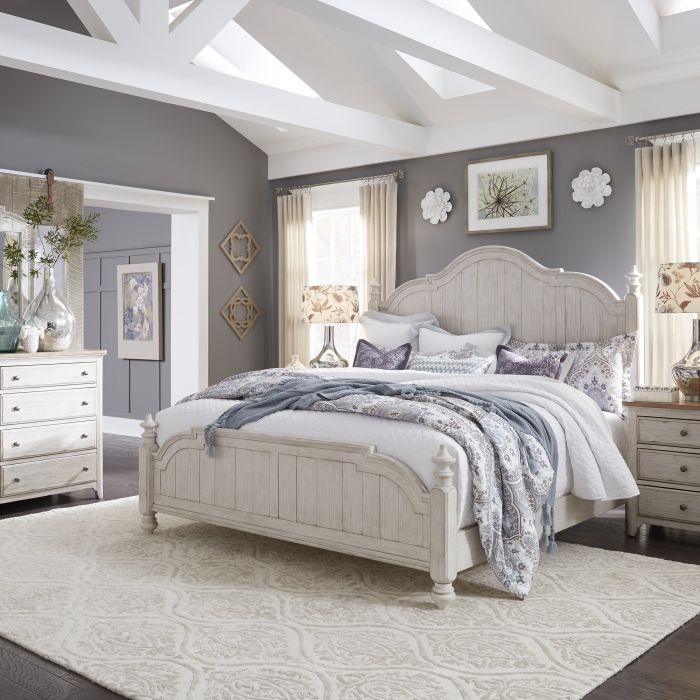 Modern Farmhouse Bedroom Set Two Tone Distressed Finish Turned Poster Bed