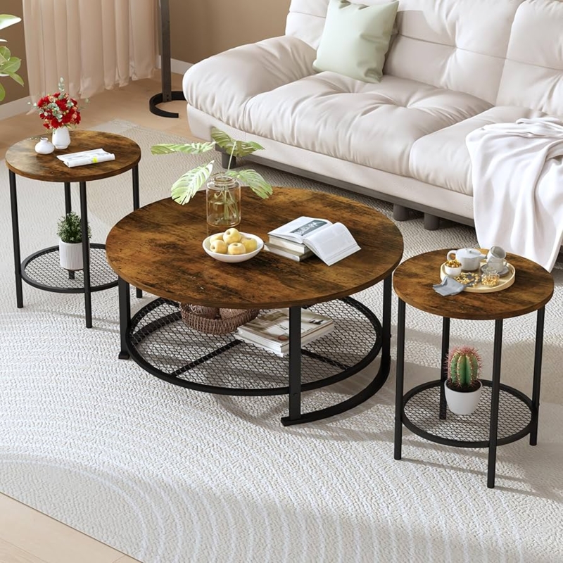Modern Farmhouse Coffee Table Set Round Tiered Storage Rustic Brown