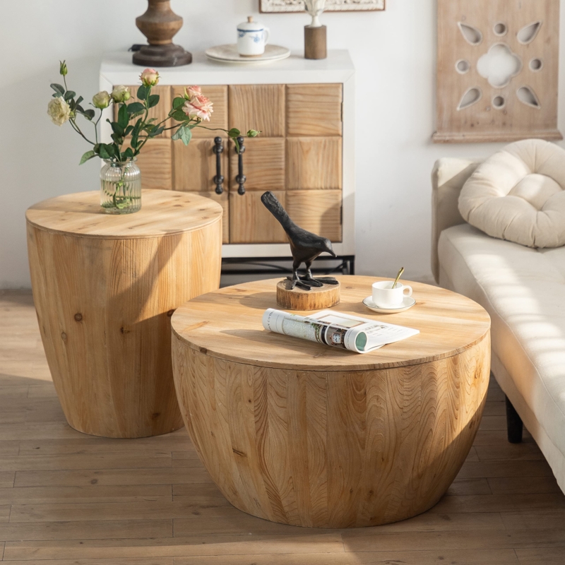 Modern Farmhouse Drum Coffee Table Ribbed Base with Open Storage