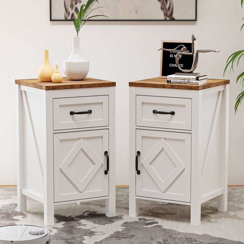 Modern Farmhouse End Table Pair with White X-Brace Cabinet Door