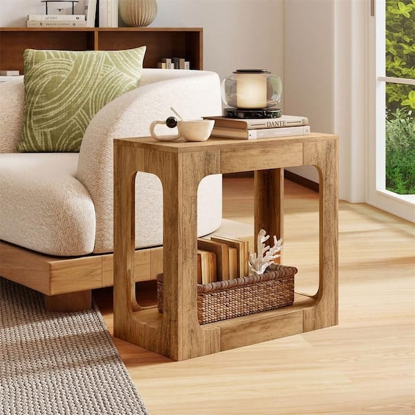 Modern Farmhouse End Table, X-Frame Sides, Two-Tier Shelf, Oak Finish