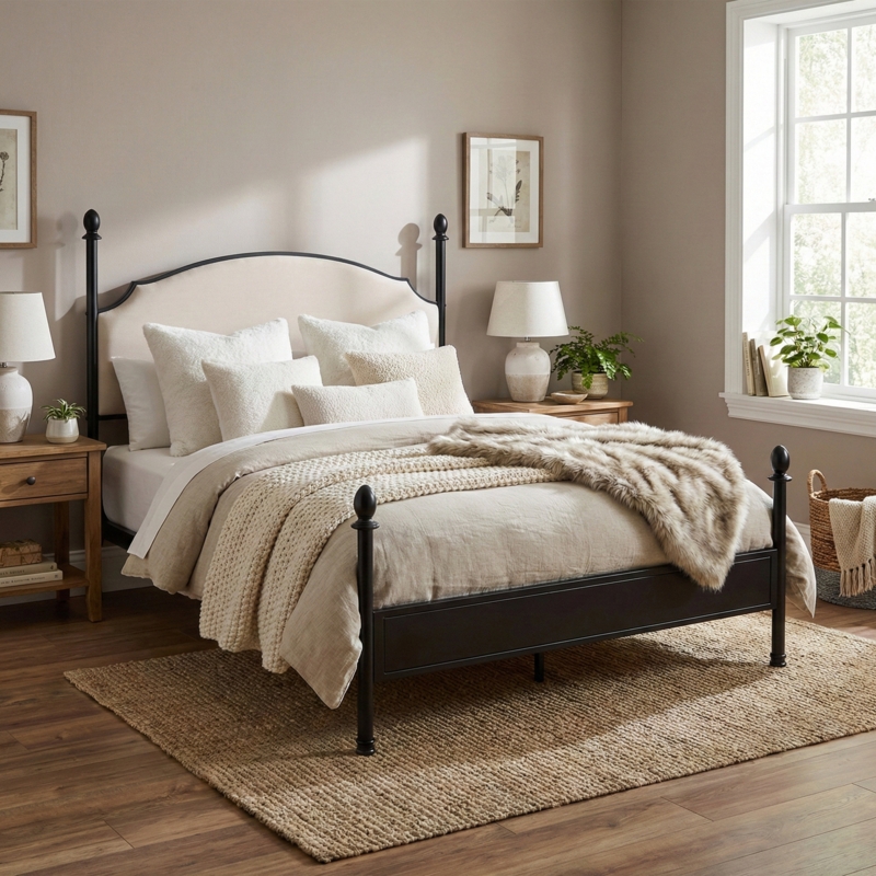 Modern Farmhouse Four Poster Bed with Black Metal Frame