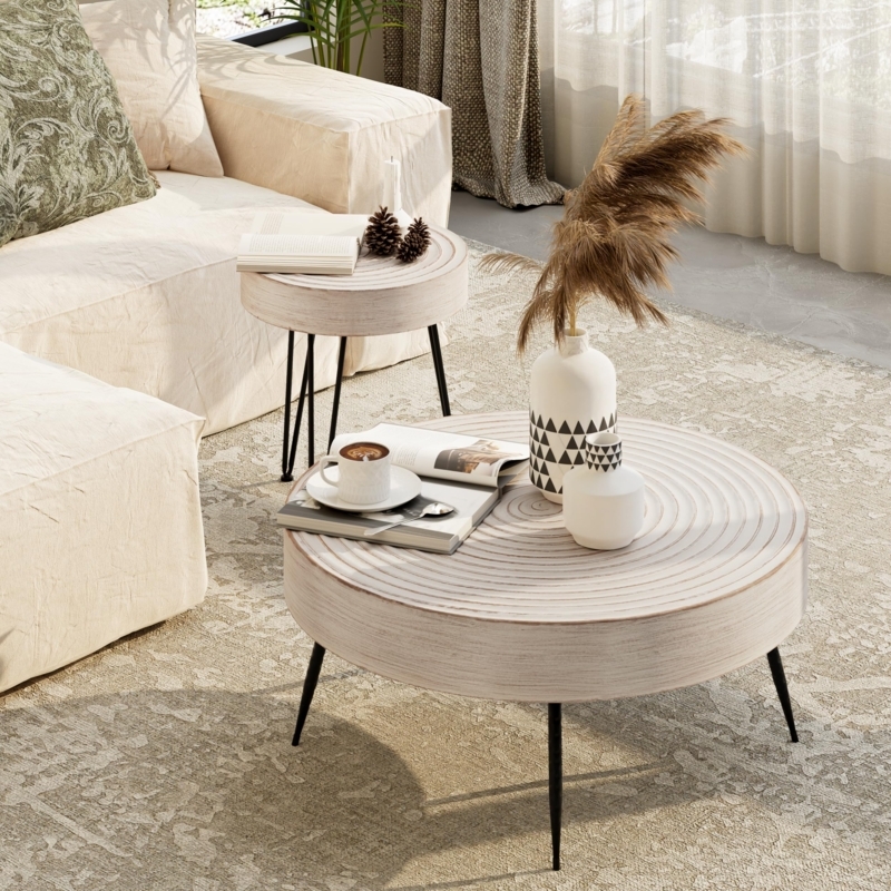 Modern Farmhouse Nesting Coffee Tables, Handcrafted Wood Ring Motif