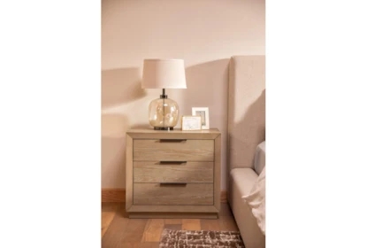 Modern Farmhouse Nightstand in Grey Wood Grain with Three Drawers