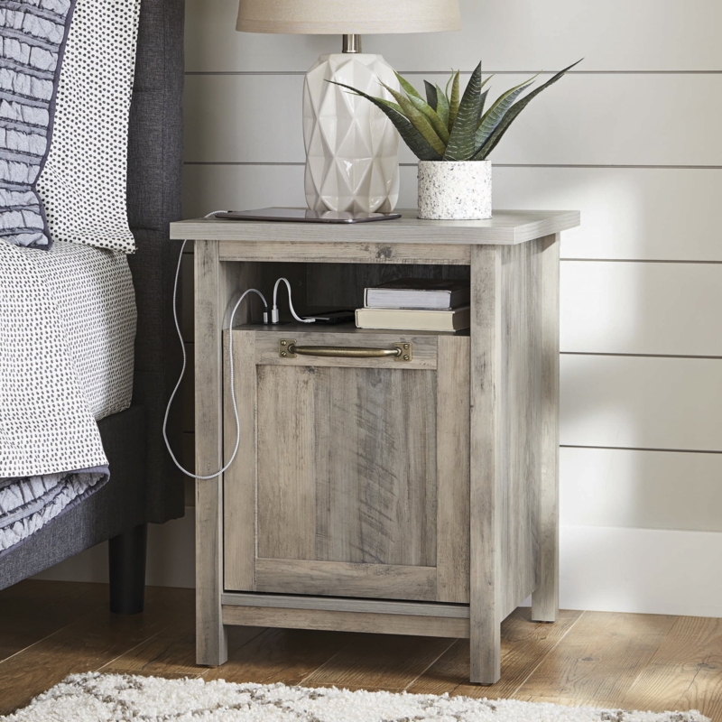 Modern Farmhouse Nightstand Metal Bin Pull Open Shelf Rustic