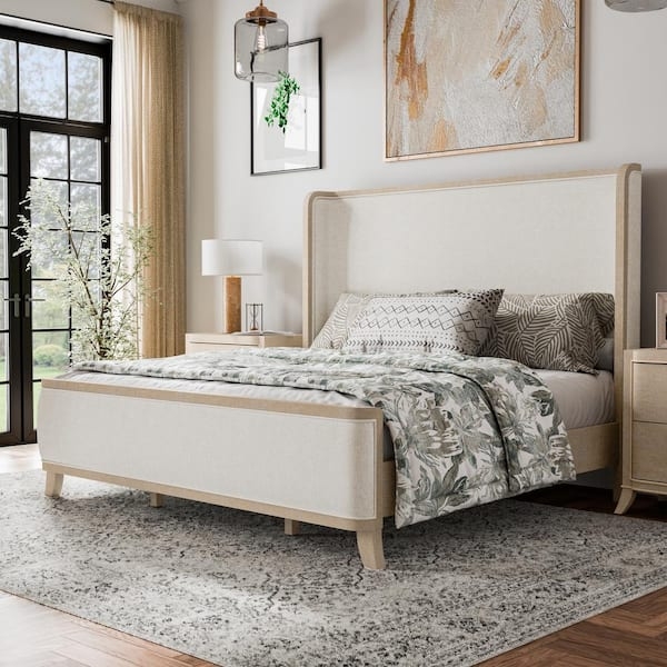 Modern Farmhouse Panel Bed with Tall Grey Upholstered Headboard