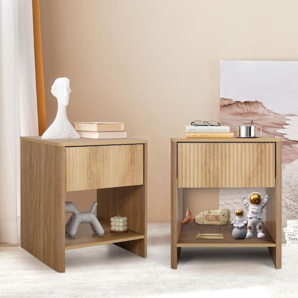 Modern Fluted Wood Nightstand with Black Metal Base