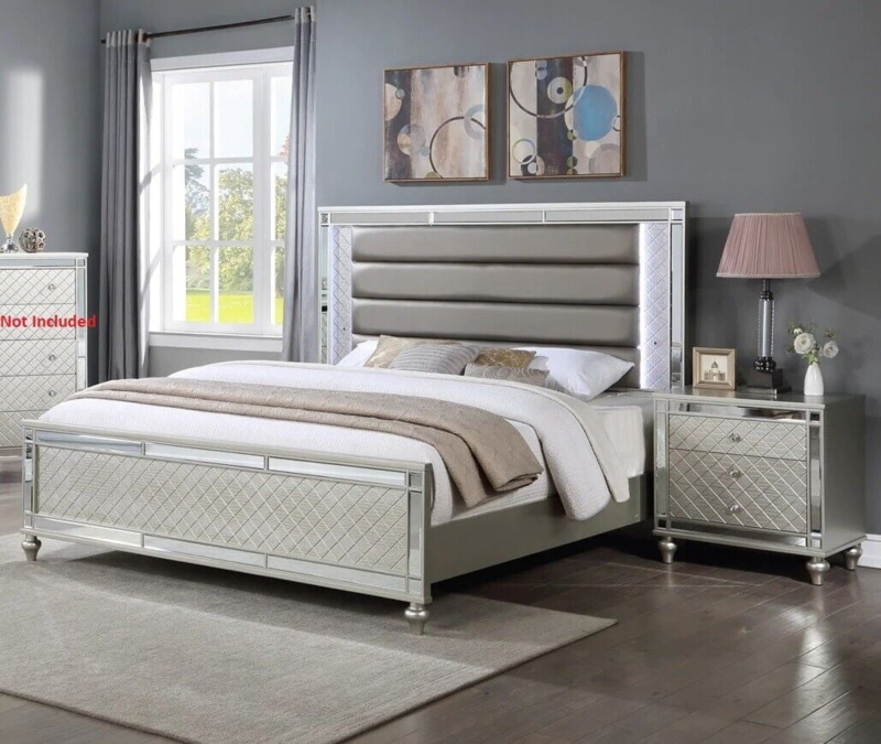 Modern Glam Bedroom Set With LED Lighting And Crocodile Texture