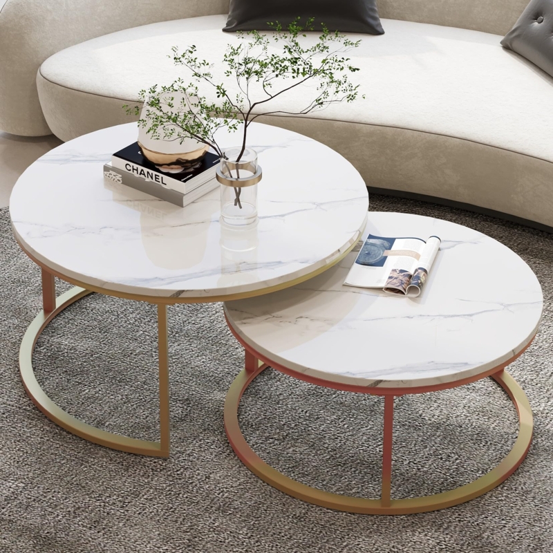 Modern Glam Coffee Table Set Gold Marble Nesting