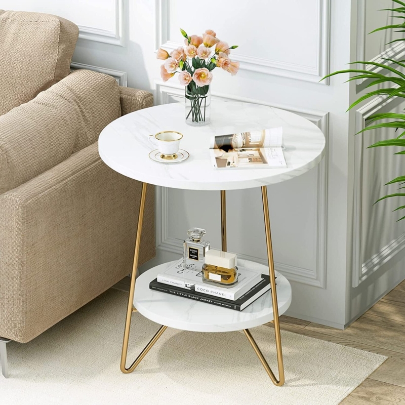 Modern Glam End Table Hourglass Metal Frame Marble Like Top