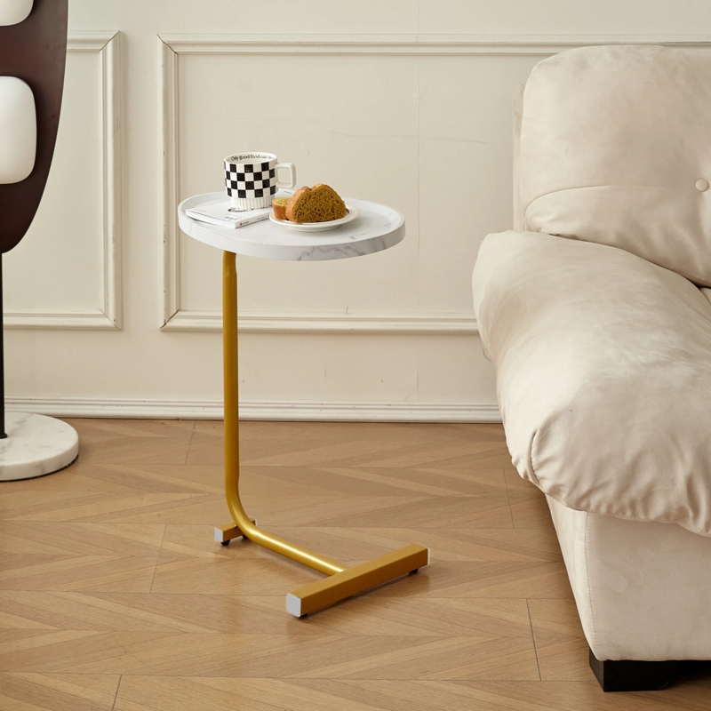 Modern Glam Nesting End Tables, White Marble Pattern Top, Gold Frame