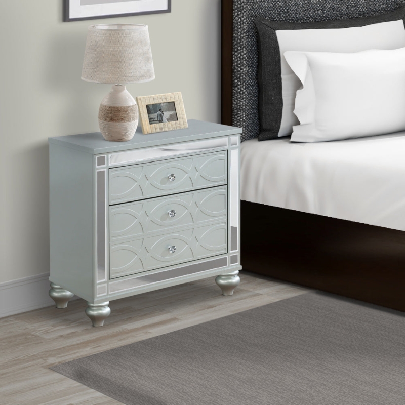Modern Glam Nightstand Silver Black Crystal Knobs