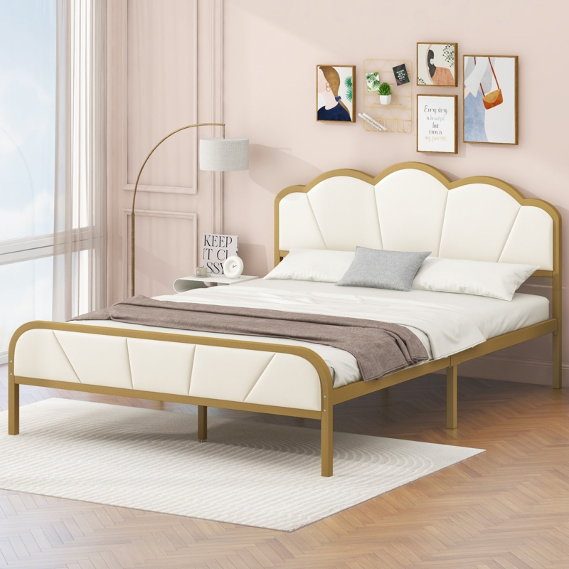 Modern Glam Platform Bed with Polished Gold Metal Frame