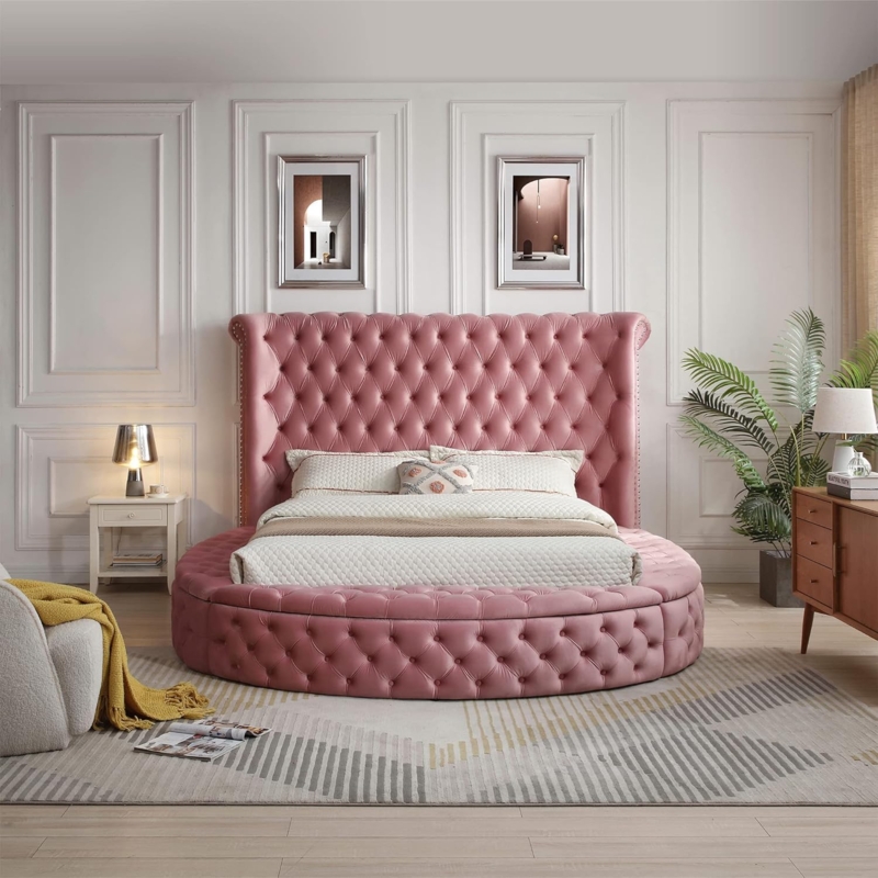 Modern Glam Round Bed Vertical Channel Tufting Dusty Rose Pink