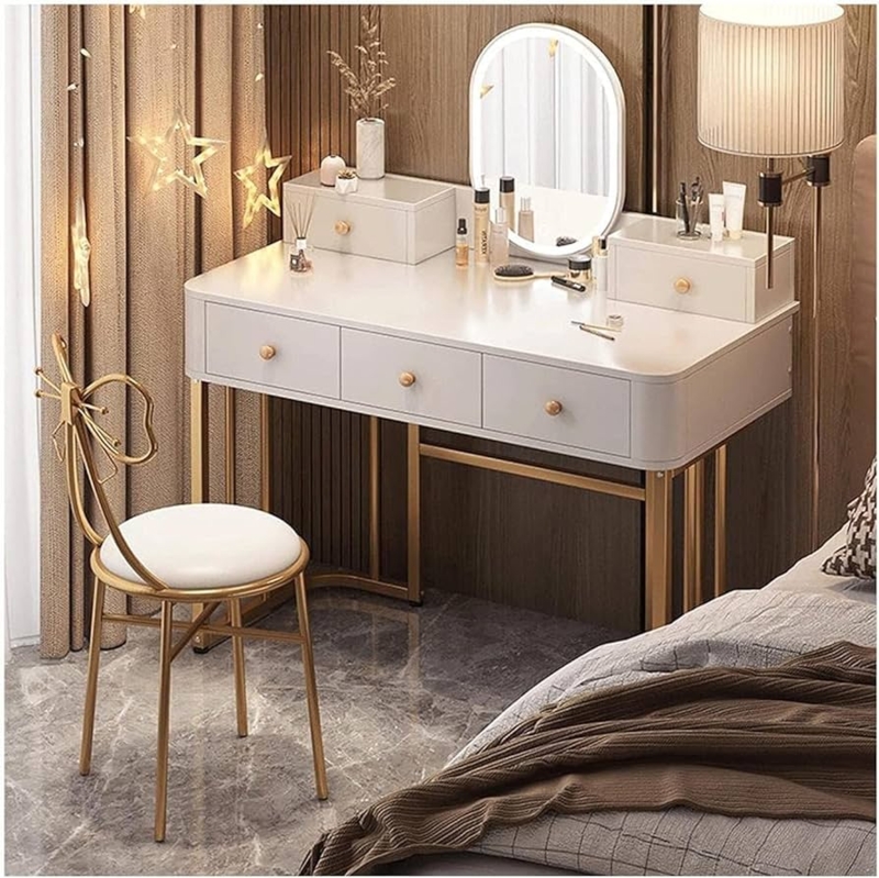 Modern Glam Vanity Set with Bow Back Stool and Fluted Drawers
