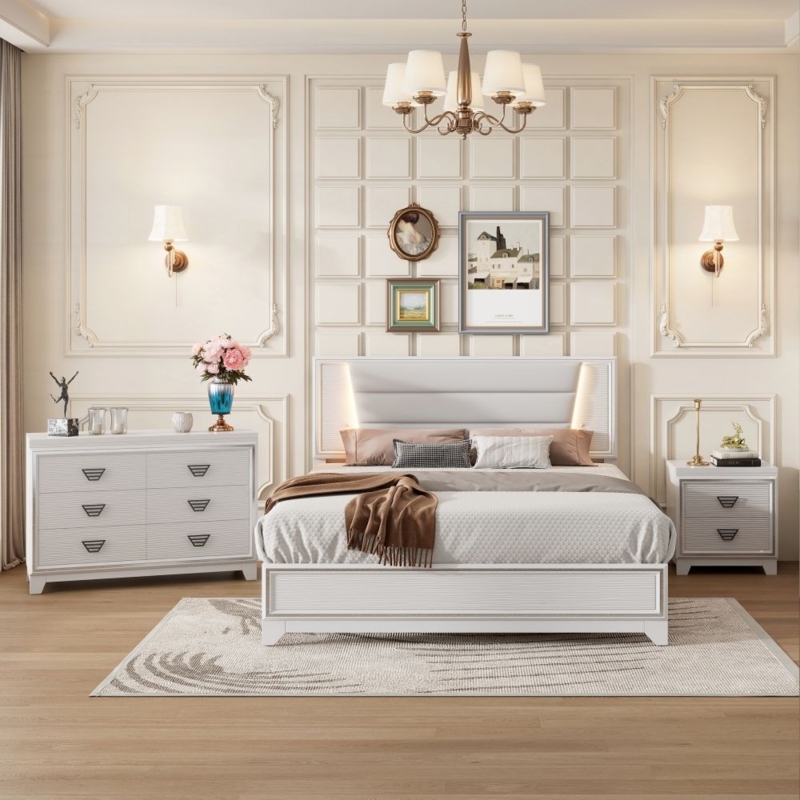 Modern Grey Upholstered Bedroom Set with Tall Headboard