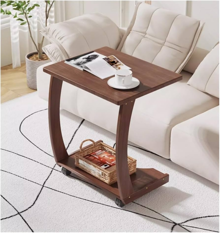Modern Industrial C-Shaped End Table in Medium Brown Wood Tone