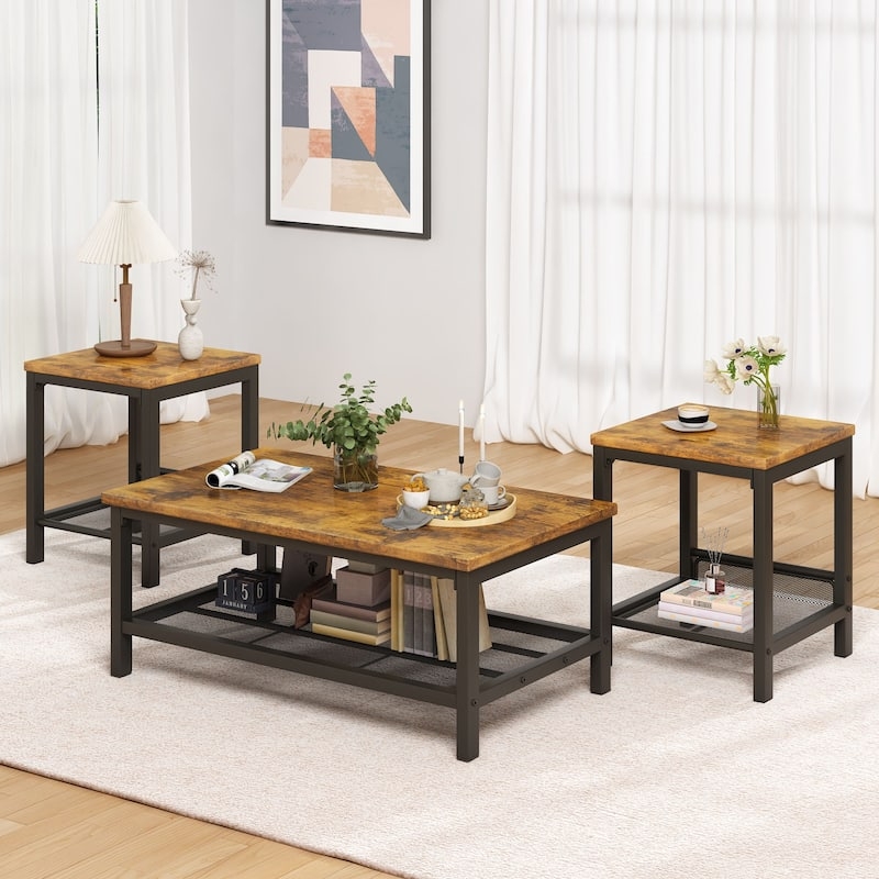 Modern Industrial Coffee Table Set Metal Cross Bar Bracing Black