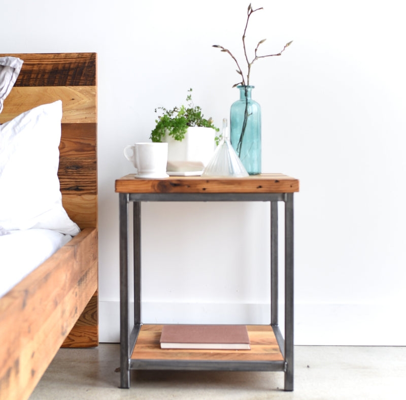 Modern Industrial Nightstand with Thick Wood Top