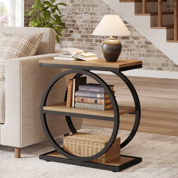 Modern Industrial Round End Table with Geometric Base