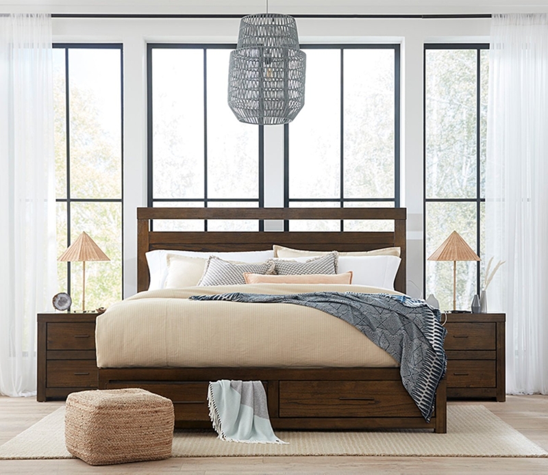 Modern Industrial Storage Bed Set with Plank Style Headboard