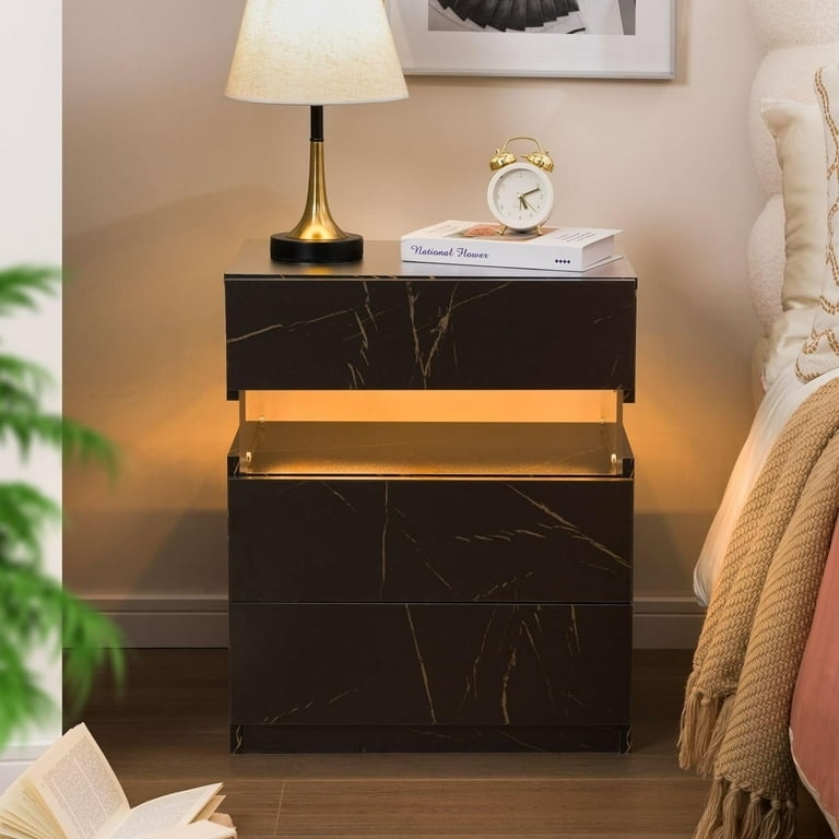 Modern LED Nightstand Set, High-Gloss White Finish, Three-Drawer Storage