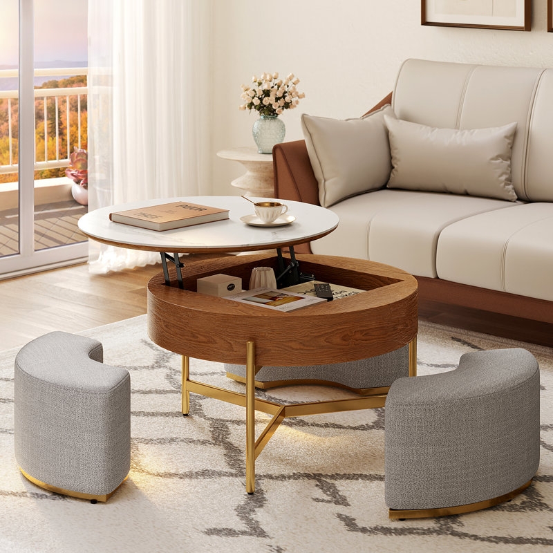 Modern Lift Top Coffee Table Sintered Stone with Nested Stools