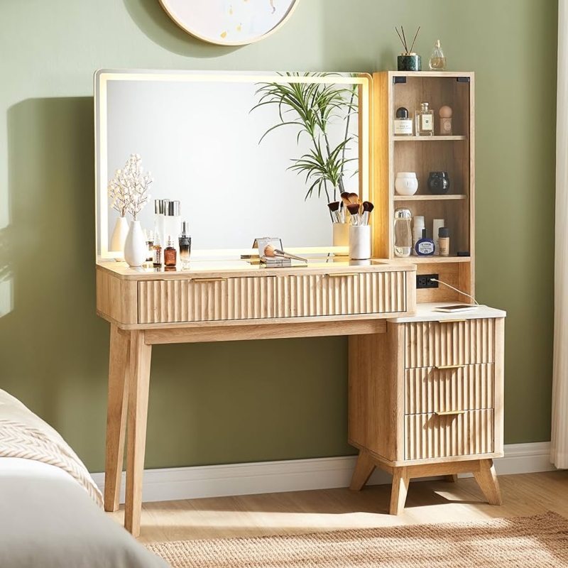 Modern Makeup Vanity Desk White, Halo Mirror & Charging Station