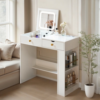 Modern Makeup Vanity Flip Top Mirror Built In Outlets Open Shelves