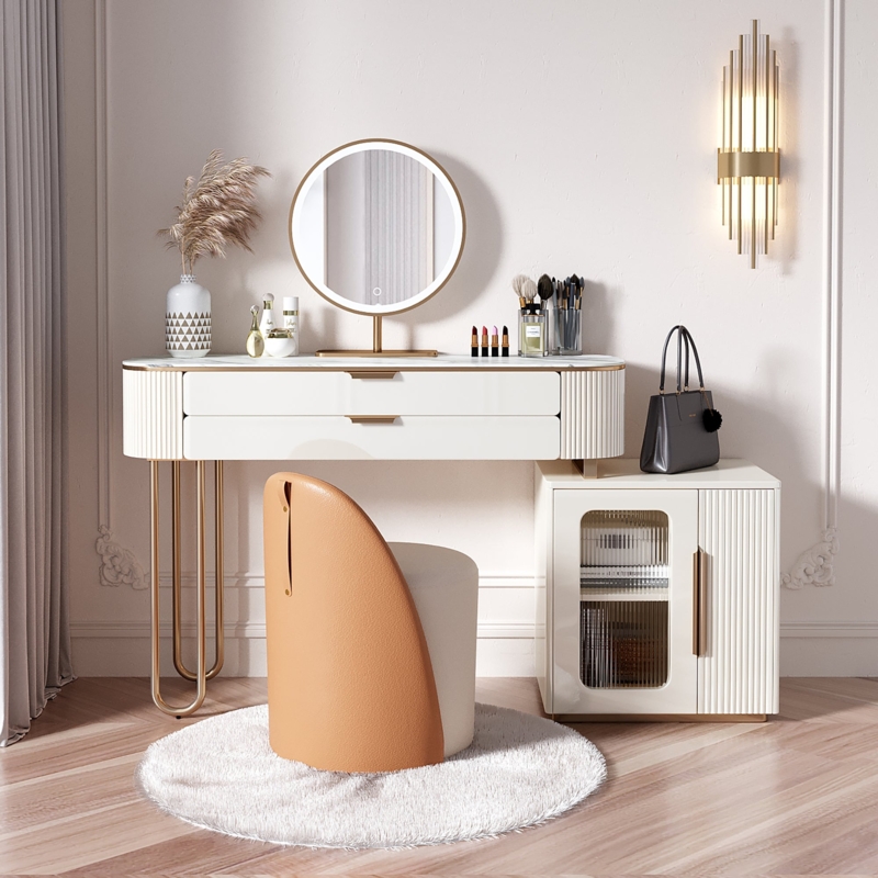 Modern Makeup Vanity White with Integrated Side Cabinet & LED Mirror