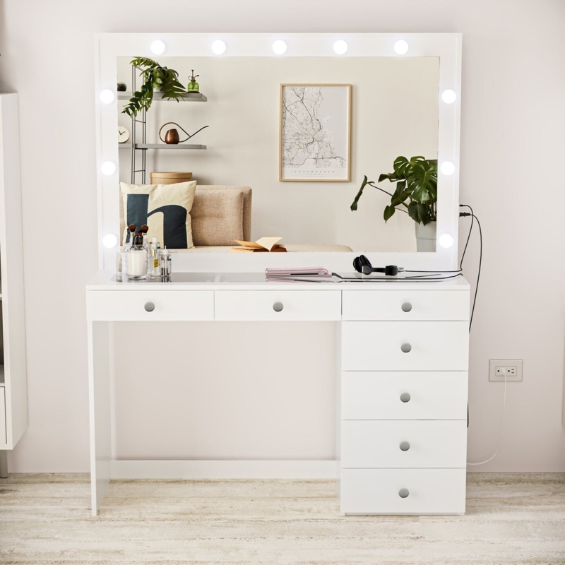 Modern Makeup Vanity with Glass Top and Hollywood Lighting