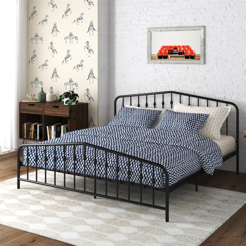 Modern Matte Black Metal Bed Frame with Arched Spindle Headboard