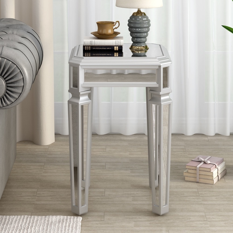 Modern Mirrored End Table with Silver Metal X-Shaped Base