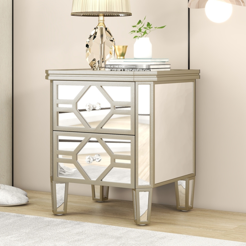 Modern Mirrored Nightstand with Two Drawers and Tapered Legs