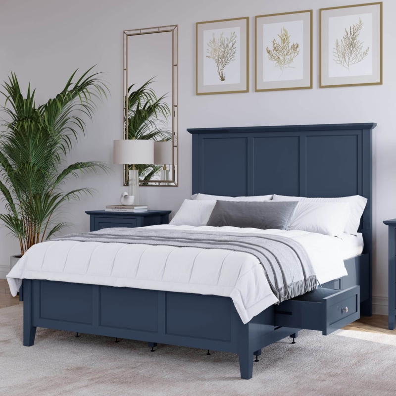 Modern Navy Storage Bed with Wood Contrast & Side Drawers
