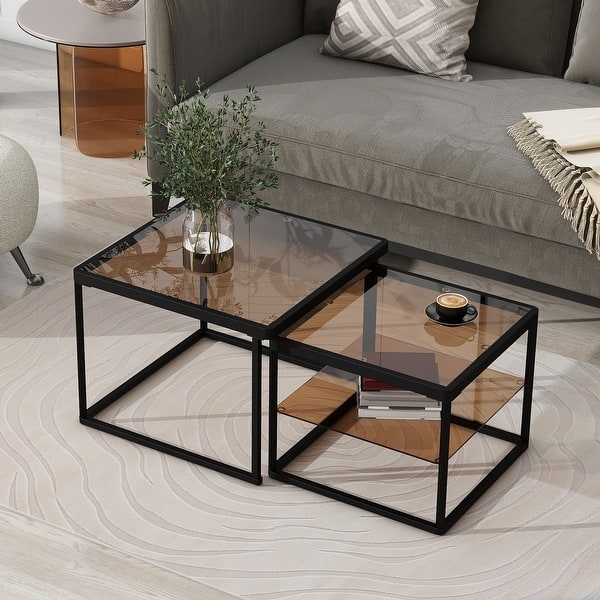 Modern Nesting Coffee Table Set High-Low Glass and Wood Design