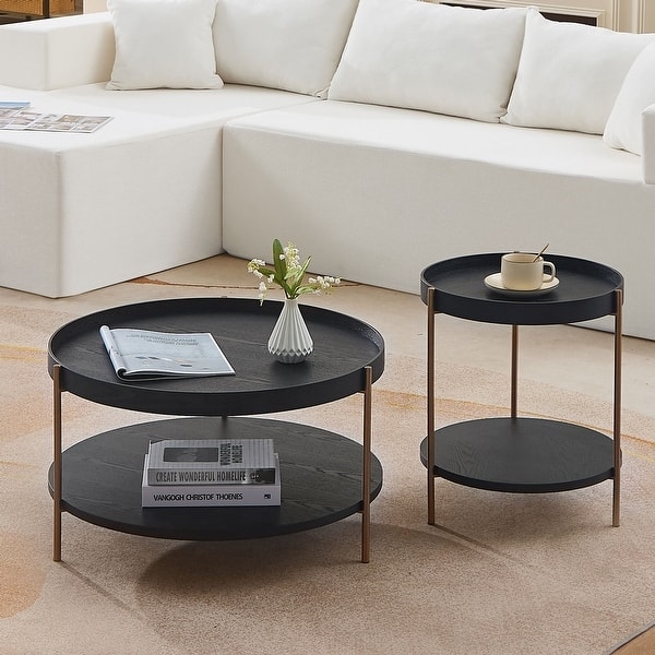 Modern Nesting Coffee Table Set, Marble Like Top, Ribbed Wood Base