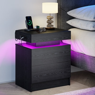 Modern Nightstand with LED Light, Wood Finish, Open Niche & Two Drawers
