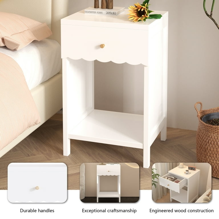 Modern Nightstand with Scalloped Top Border and Open Shelf Storage
